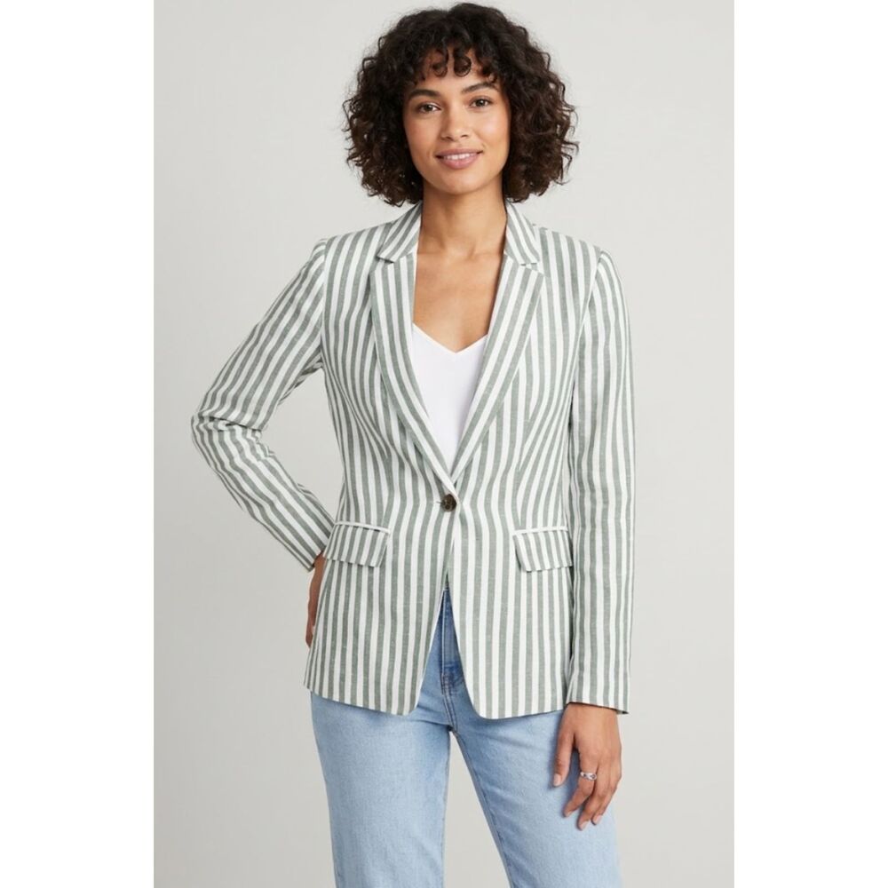 New LOFT Striped Linen Blend One Button Blazer Green Women's Size 2